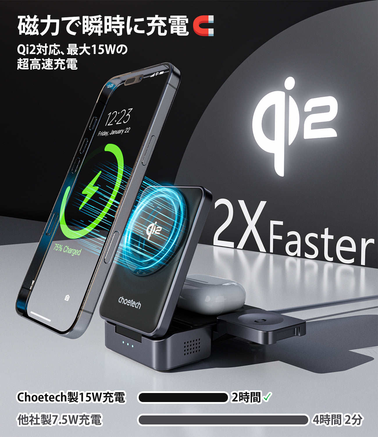 折りたためる3in1ワイヤレス充電スタンド Qi2 MagLeap対応 T637-F