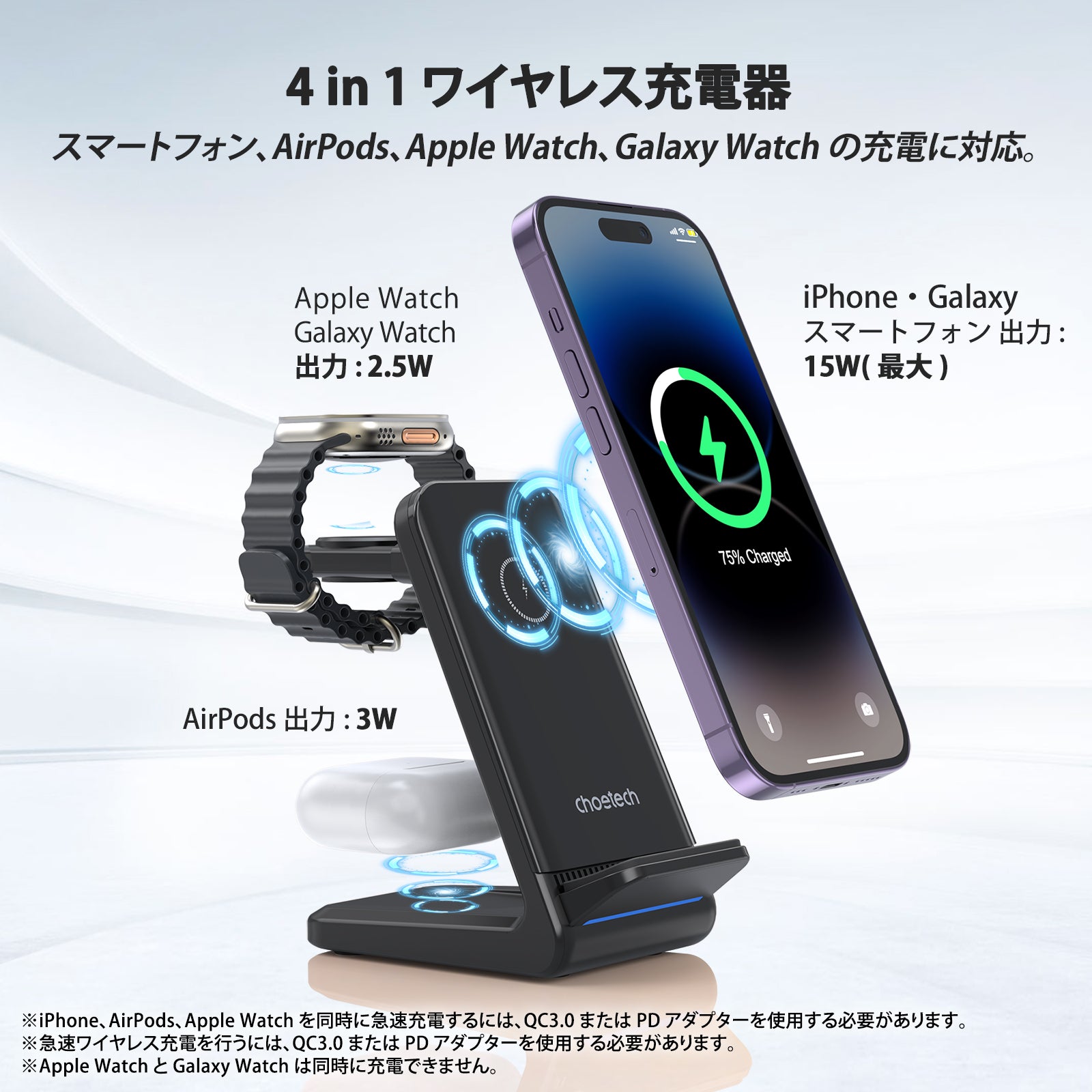 4-in-1 ワイヤレス急速充電器 iPhone Galaxy対応 T608-F