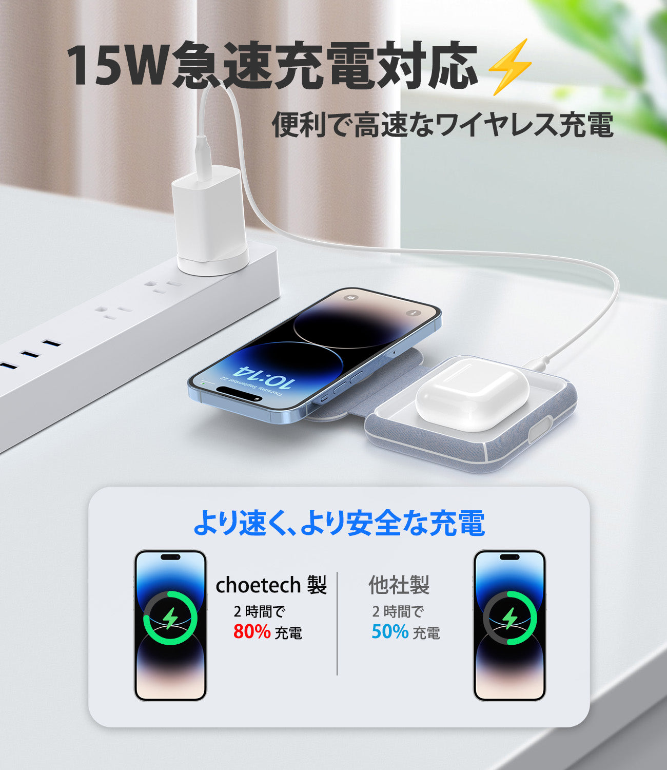 2 in 1 Magsafeワイヤレス充電器 MFM認証 15W急速充電 折り畳み T323