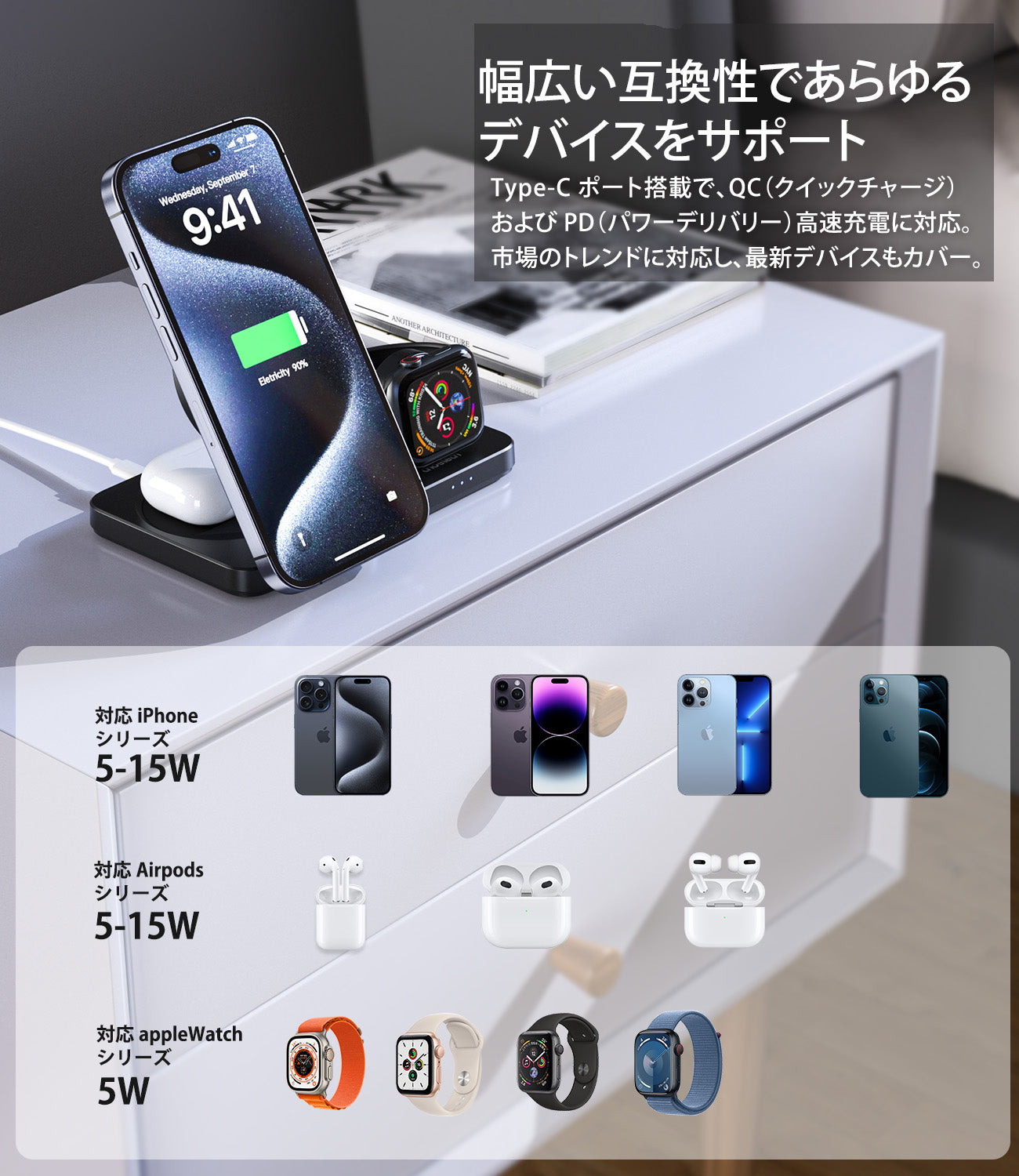 Qi2対応 1台3役 折りたたみ式マグネット Qi2対応充電器 T636-F