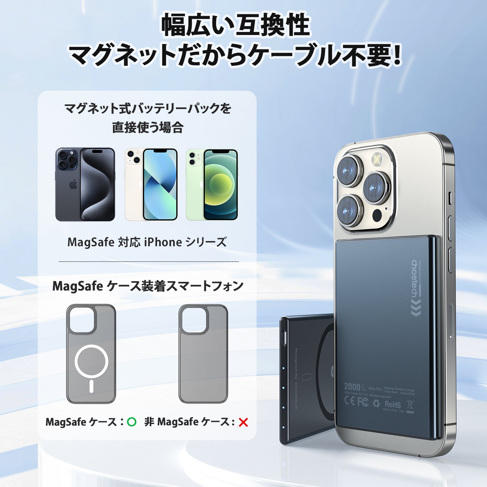 超薄型マグネット式モバイルバッテリー ワイヤレス MagSafe 容量2000mAh B708