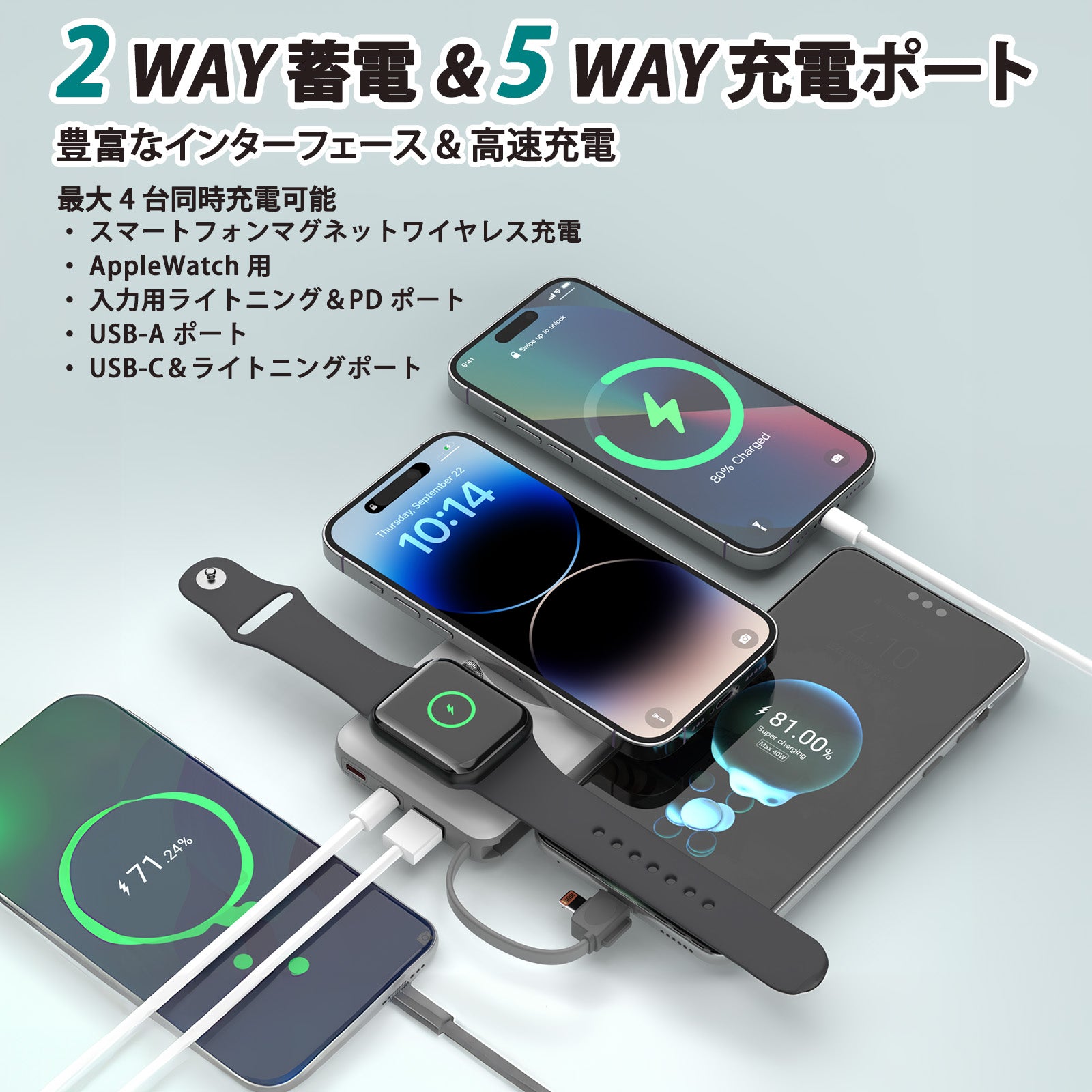 モバイルバッテリー 2WAY蓄電 5WAY充電ポート 容量10000mAh ポータブルバッテリー B695