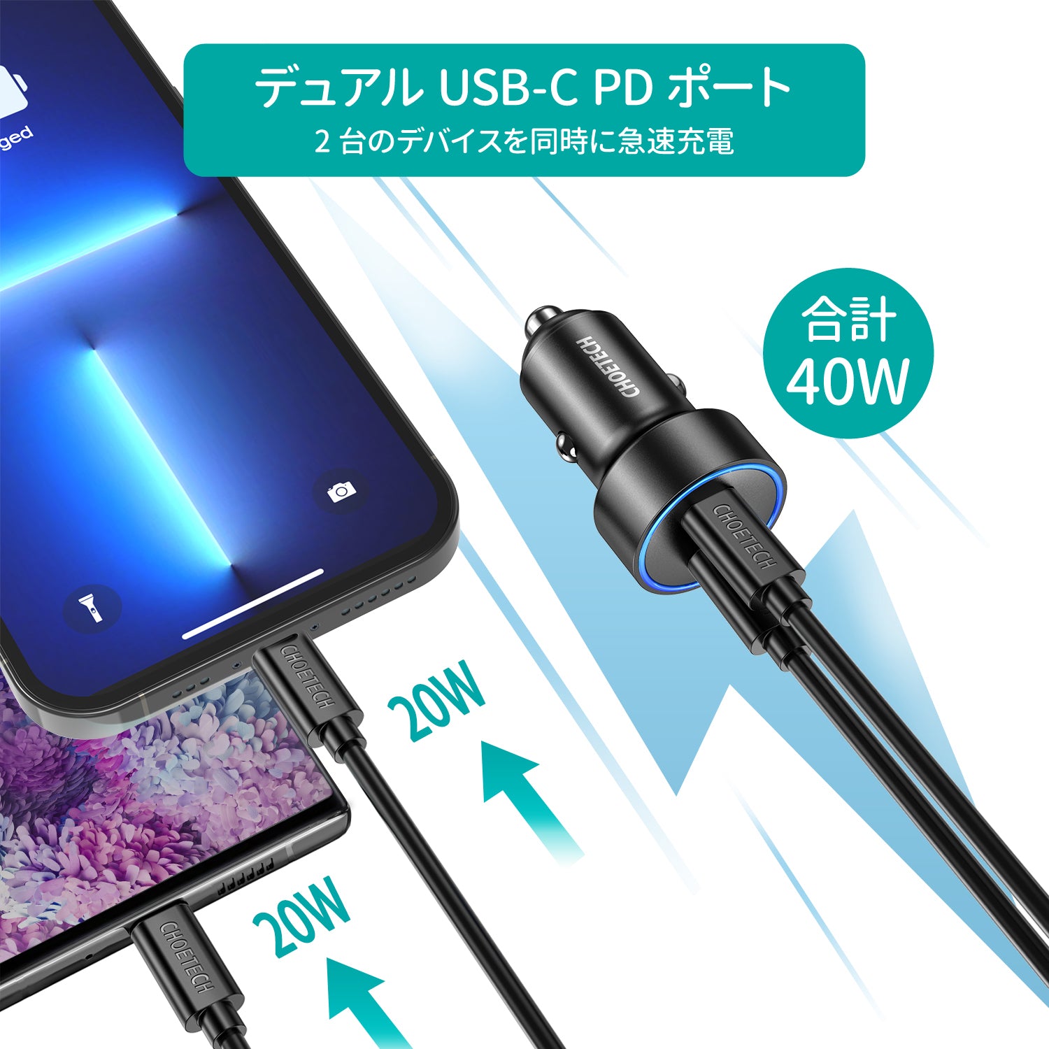 USB PD3.0 Type-C 2ポート カーチャージャー C0054