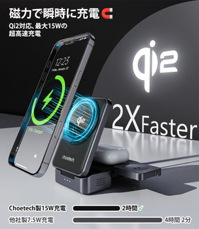 折りたためる3in1ワイヤレス充電スタンド Qi2 MagLeap対応 T637-F