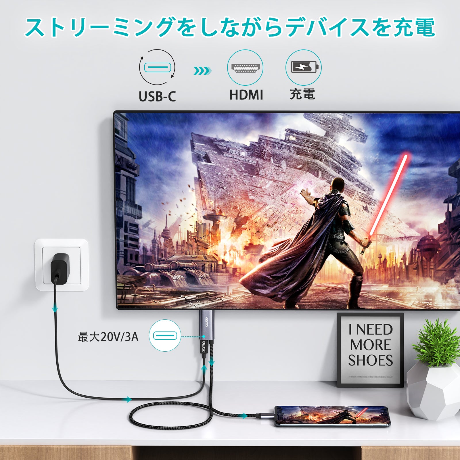 USB タイプ C - HDMI ケーブル 100W 電力供給充電ポート 1.8m XCH-M180