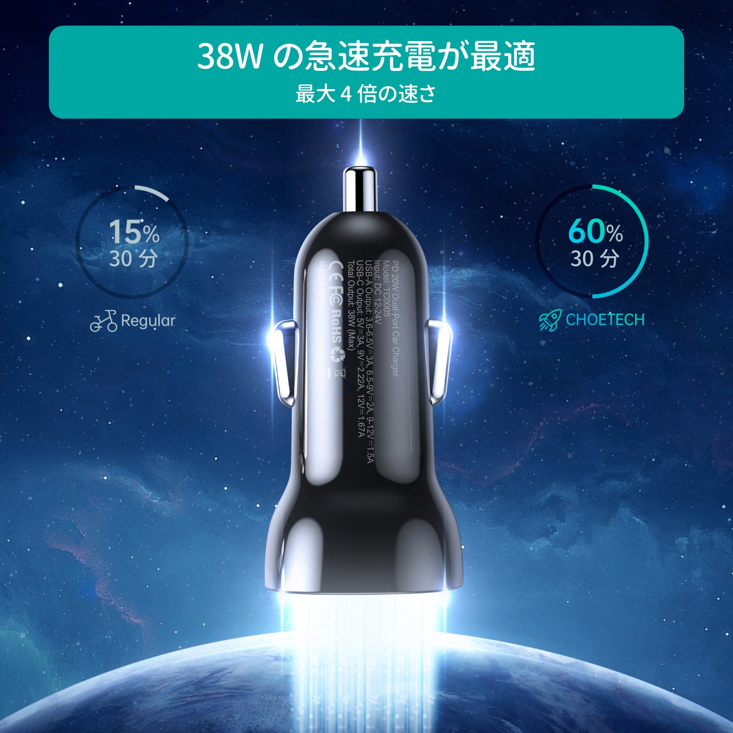 USB Type-C + USB A 38W シガーソケット QC3.0 PD20W Car Charger TC0005-V3