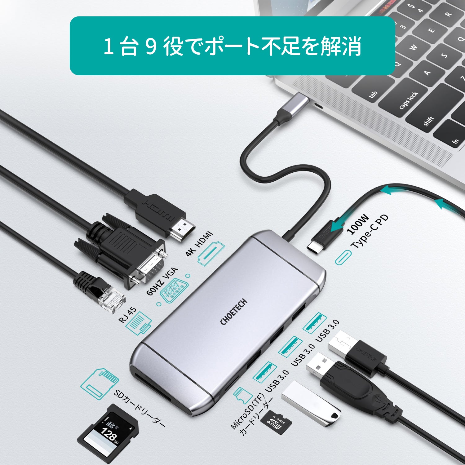USB 9in1 ハブ USB3.0 変換アダプター VGA Type C 4K ダブルHDMI VGA